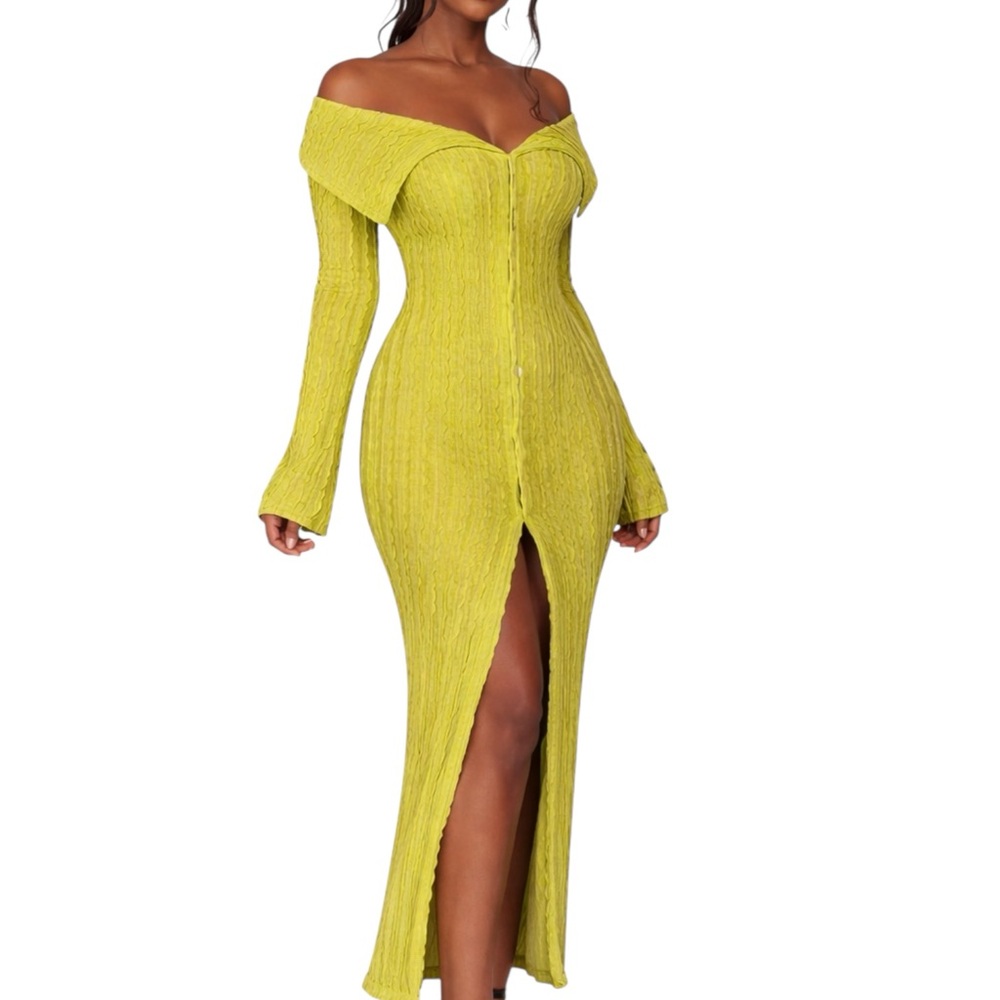 Off-Shoulder Textured Button-Up Long Sleeve Maxi Dress